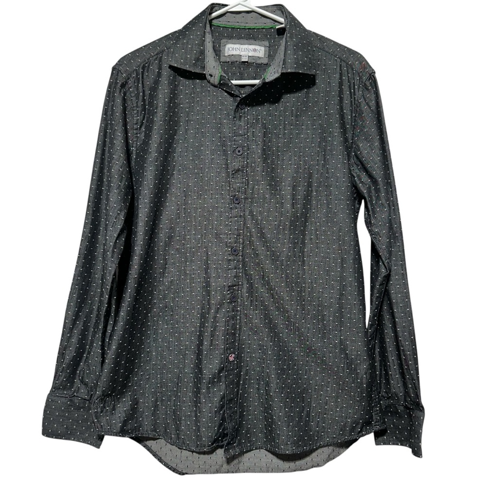 John Lennon Mens Button Down Shirt Charcoal Polka Dot Mod M